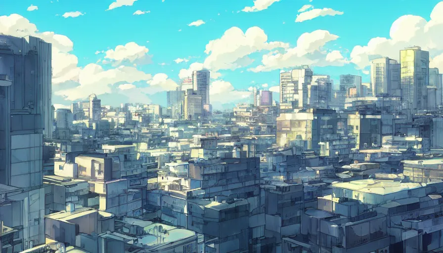 Prompt: cityscape, makoto shinkai style, anime, pixiv fanbox, sunny, blue skies