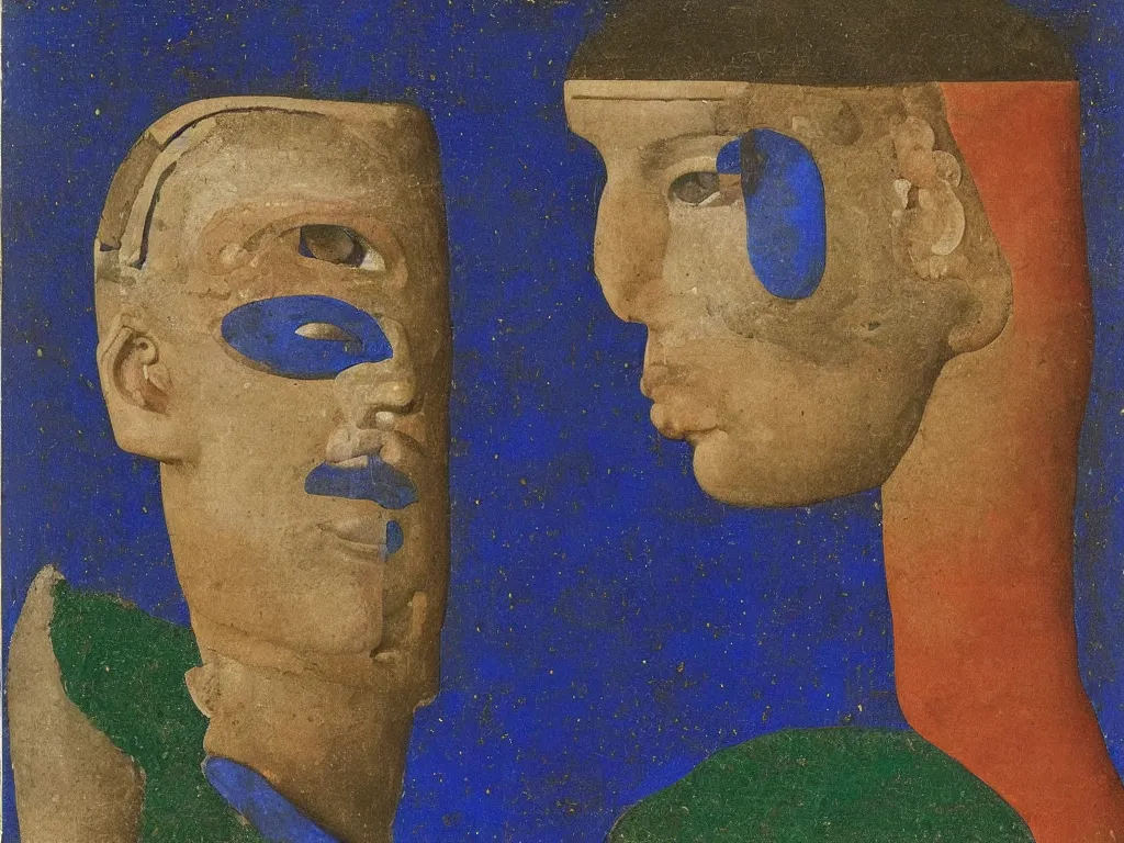 Prompt: portrait of a man head with painted archaic mask. lapis lazuli, malachite, cinnabar, indigo, gold. painting by piero della francesca, balthus, agnes pelton