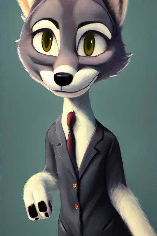 Image similar to oil painting of anthromorphic female wolf, in style of zootopia, female fursona, furry, furaffinity, 4 k, deviantart, furry art, fursona art, wearing black business suit, business suit, wolf fursona, female, smug expression,