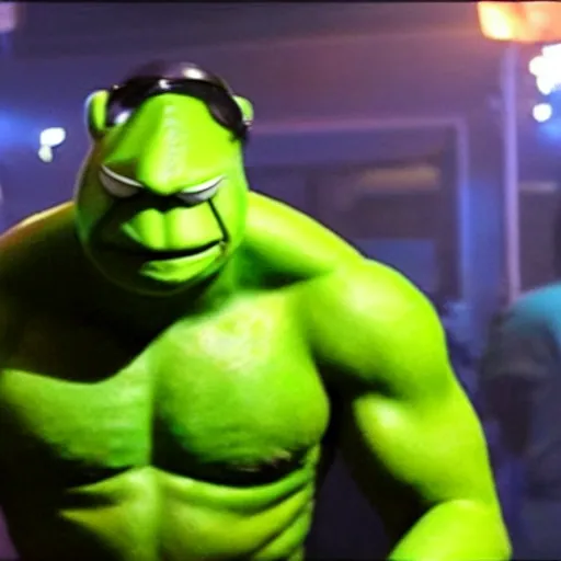 Image similar to photo of Kermit the frog as hulk in averngers movie