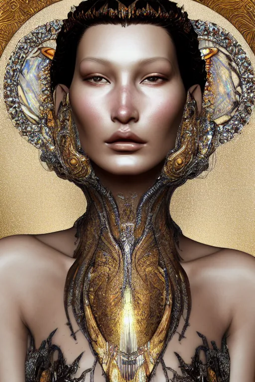 Prompt: a highly detailed portrait of a beautiful alien woman goddess bella hadid in iris van herpen dress in diamonds and fractals in style of alphonse mucha art nuvo gustav klimt trending on artstation made in unreal engine 4