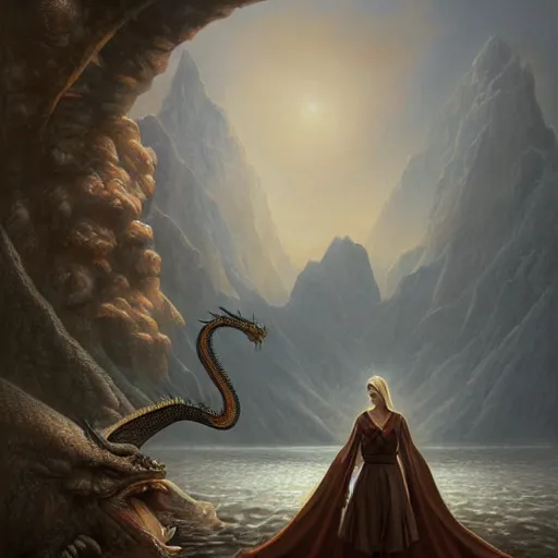 Image similar to a photorealistic painting of a woman and a dragon, a matte painting by christophe vacher, featured on deviantart, fantasy art, matte painting, storybook illustration, 2 d game art. extremely detailed. realism. symmetry. photorealism. coherent