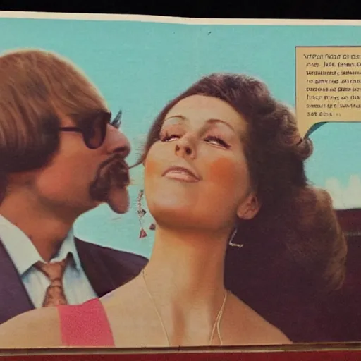 Prompt: a 7 0 s double page spread of a woman looking up at a man. the woman is called carmen and the caption how did i manage without carmen before. colour brochure