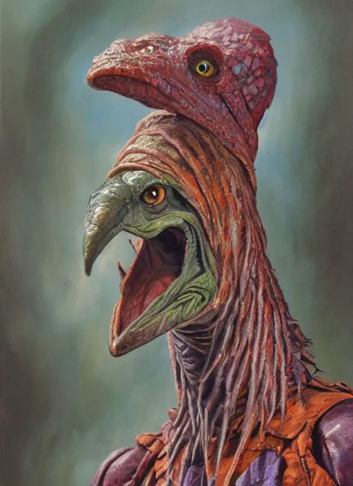 Image similar to oil painting portrait of chamberlain the skeksis from dark crystal ( 1 9 8 2 )