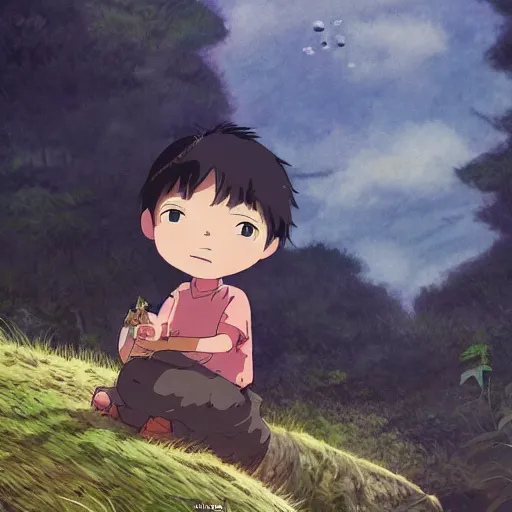 Image similar to friendly guy and small creature , with Fragile looking character portrait face made by Studio Ghibli highly detailed art, beautiful scene, sharp focus, smooth, 8k, anime art, wild, dark, fantasy