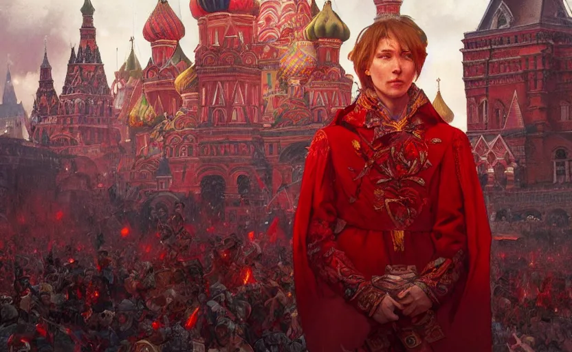 Image similar to Putin in Red Square full of blood, fantasy, intricate, highly detailed, digital painting, artstation, concept art, smooth, sharp focus, illustration, art by artgerm and greg rutkowski and alphonse mucha