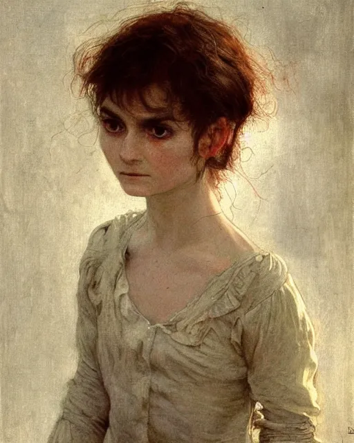 Prompt: a beautiful but sinister girl who looks like a young shirley henderson in layers of fear, with haunted eyes and crazy hair, 1 9 7 0 s, seventies, delicate embellishments, a little blood, crimson, painterly, offset printing technique, by jules bastien - lepage