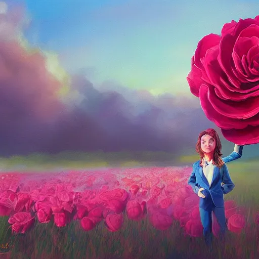 Image similar to closeup, giant rose flower head, frontal, girl in a suit, surreal photography, sunrise, blue sky, dramatic light, impressionist painting, digital painting, artstation, simon stalenhag