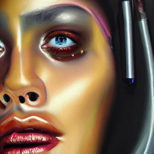 Prompt: cyborg fashion model close - up, hyperrealism oil painting, matte