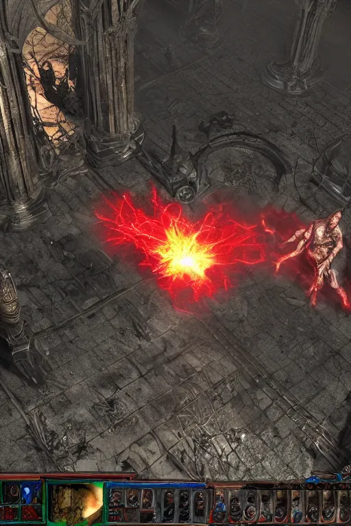 Image similar to Path of Exile, [Sirius], clear [[bronze]] face [mask] with crown, luminous red eyes, male image with [bronze] black bloody armor, sitting on the throne, inside the ruined gothic church, black shadows, red lasers, dark red bloody fog, black-grey smoky tornadoes fly around, [[blood]], Anachronism, painting, dark fantasy, steampunk, 4k, perfect quality,