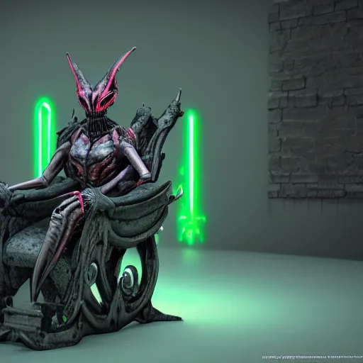 Image similar to a realistic sanke from metal gear dressing necromancer clothes sited in a xenomorphic throne with glow neon eyes, finely detailed, 4 k, photorealistic, cycles engine,