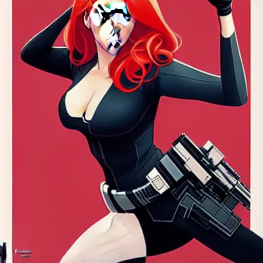 Image similar to phil noto comicbook cover art, pretty scarlett johansson black widow, symmetrical eyes, long red hair, full body, city rooftop