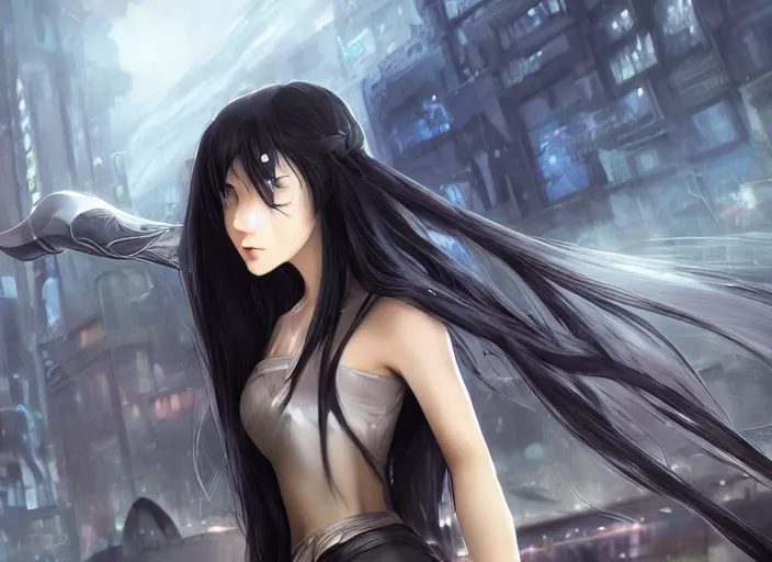 Image similar to girl with long black hair and a long black sword in front of a sci fi cityscape, ryohei fuke, makoto shinkai, detailed, cinematic, ultra - wide angle, dark sepia toned shading, luminescent eyes, detailed face, blue fire, trending on artstation, artgerm, wlop.