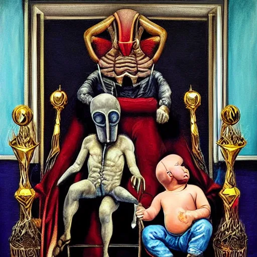 Prompt: hyper realistic painting of a handsome man symmetrical, sitting in a gilded throne, tubes coming out of the man's arm, getting a blood transfusion from a baby. plague doctor in the background created by mike allred