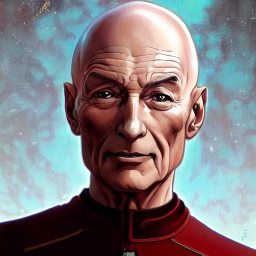 Prompt: anime Portrait of Picard, intricate, wild, highly detailed, digital painting, artstation, concept art, smooth, sharp focus, illustration, art by artgerm and greg rutkowski and alphonse mucha and Hajime Sorayama