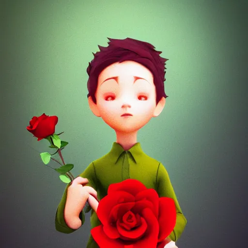 Image similar to the little prince holding a red rose illustration, bokeh, octane render, award winning, trending on art station