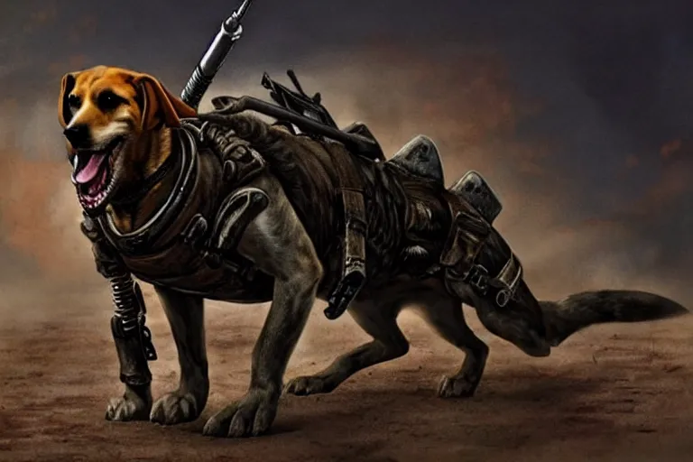 Image similar to a hound dog fursona ( from the furry fandom ), heavily armed and armored facing down armageddon in a dark and gritty version from the makers of mad max : fury road. witness me.