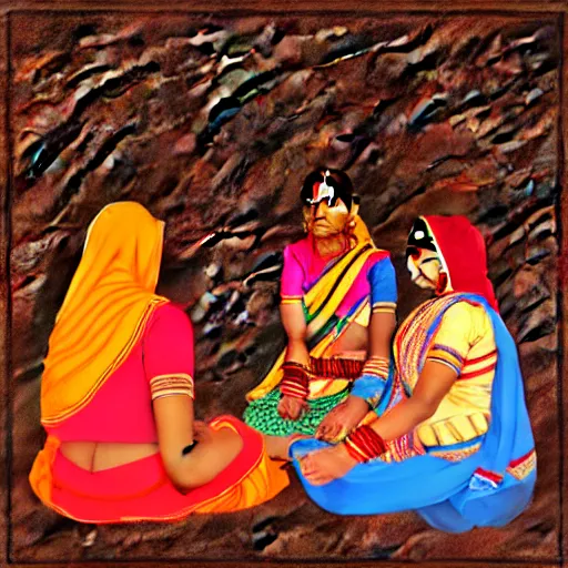 Image similar to aesthetic painting of indian rural women talking, trending on artstation, detailed digital art