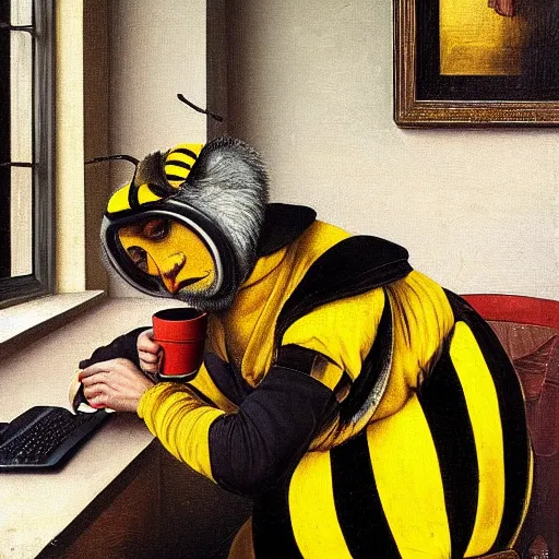 Image similar to tired man in a bumblebee costume drinks coffee in front of a laptop, highly detailed, masterpiece, renaissance, oil on canvas