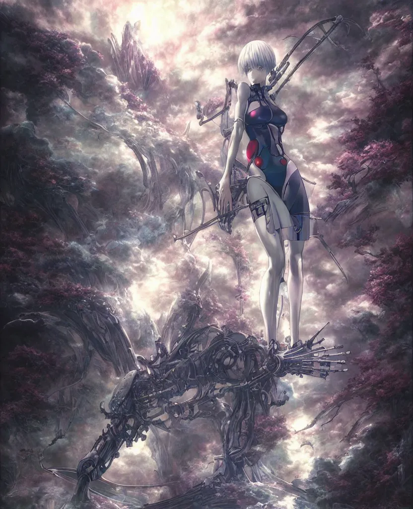 Prompt: realistic digital illustration of fantasy science fiction landscape, rei ayanami, depth perception, depth of field, high resolution, action horror, gothic, rich deep colors. by yoshitaka amano, by yukito kishiro, by yoshiyuki sadamoto, masterpiece