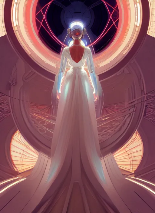 Image similar to symmetry!! portrait bride, going down the stairs, futurism, sci - fi, glowing lights!! intricate, elegant, highly detailed, digital painting, artstation, concept art, smooth, sharp focus, illustration, art by artgerm and greg rutkowski and alphonse mucha, 8 k