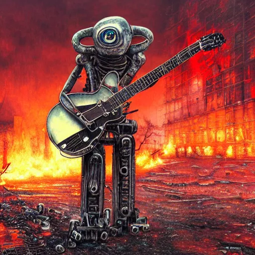 Image similar to robot with a guitar standing in ruined burning street by Yoshitaka Amano, by HR Giger, biomechanical, 4k, hyper detailed, hyperrealism, anime, a Blood Moon rising on a Broken World, deviantart, artstation