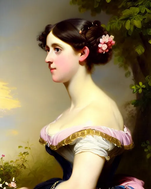 Image similar to beautiful painting of a young german princess with short hair by franz xaver winterhalter, full body painting, oil on canvas, romanticism, intricate details, highly detailed, 1 8 4 0 s style painitngs