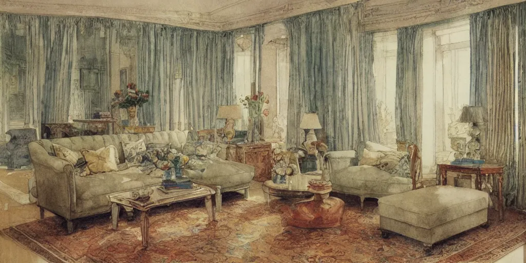 Prompt: a hiper intricate watercolor of a beauty modern living room, reflexions, intricate details, smooth, by william turner art, by greg rutowski by edmund dulac, by carl larson