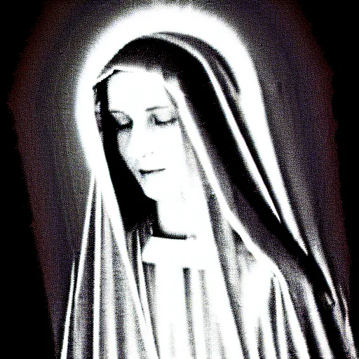 Image similar to vhs static overlay of marian apparition, vhs, 1 9 9 0, highly realistic, highly detailed, vhs noise static, black and white, vhs glitch