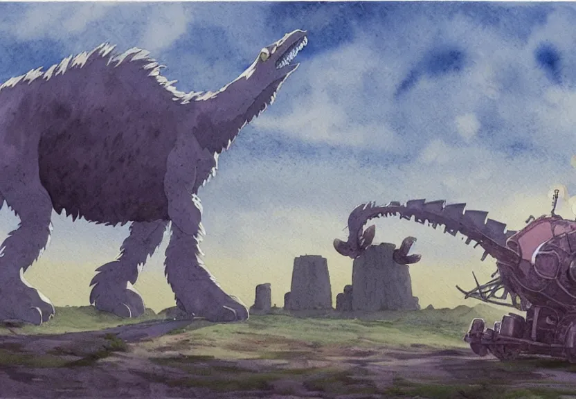 Image similar to a hyperrealist watercolor concept art from a studio ghibli film showing a giant grey mechanized prehistoric beast from howl's moving castle ( 2 0 0 4 ). stonehenge is under construction in the background, in the rainforest on a misty and starry night. by studio ghibli. very dull muted colors