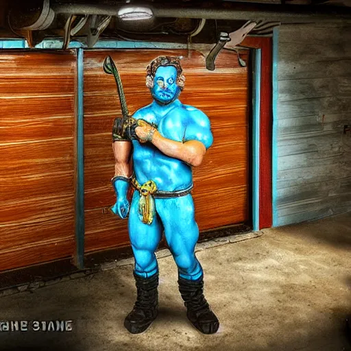 Image similar to neptune standing in his garage, very detailed photo