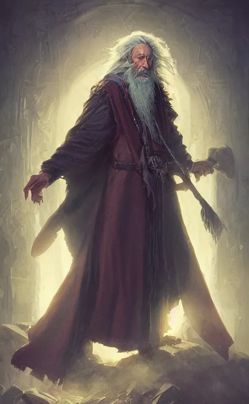 Prompt: Portrait of an elderly wizard with a long beard and a cloak with clock iconography, male, detailed face, fantasy, highly detailed, cinematic lighting, digital art painting by greg rutkowski