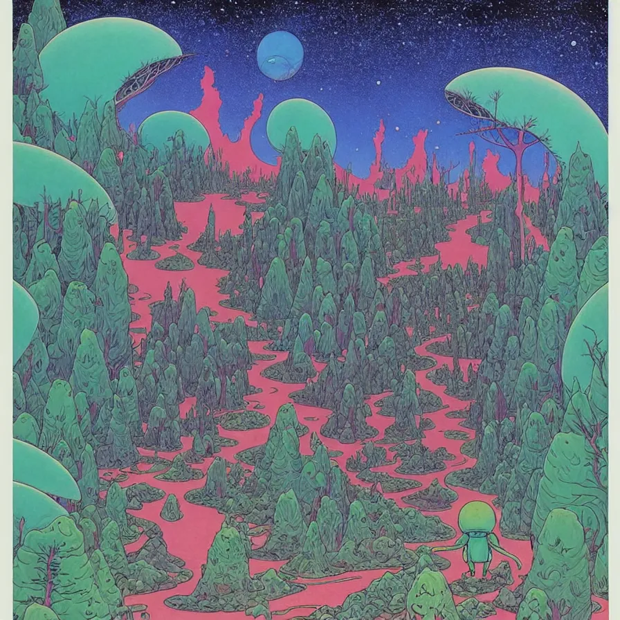 Prompt: ( ( ( ( ( forest and cute creatures on a mysterious planet ) ) ) ) ) by mœbius!!!!!!!!!!!!!!!!!!!!!!!!!!!, overdetailed art, colorful, record jacket