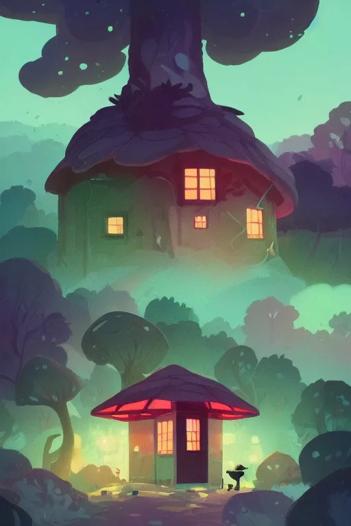 Prompt: the small house in the forest, dark night, leaves in the air, mushrooms, animals, gibli, james gilleard, atey ghailan, lois van baarle, pop art patterns, exquisite lighting, clear focus, very coherent, plain background, very detailed, vibrant, digital painting