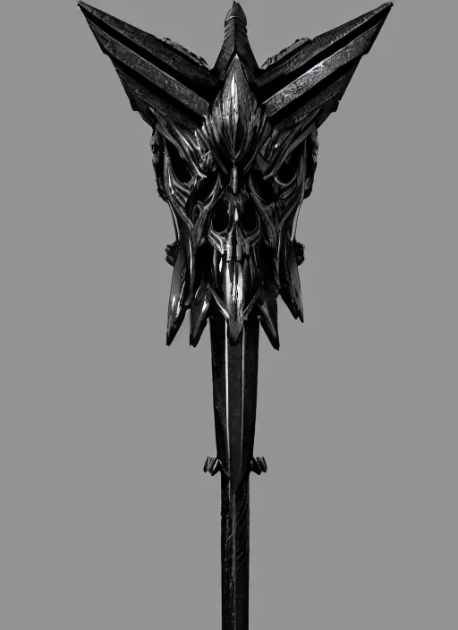 Prompt: a black great sword skull crest, orthographic, ornament, weapon, a 3 d render by dom qwek, front side full, trending on polycount, artstation, hard surface modeling, rendered in maya, zbrush, blender, hd, vray, berserk, symmetry