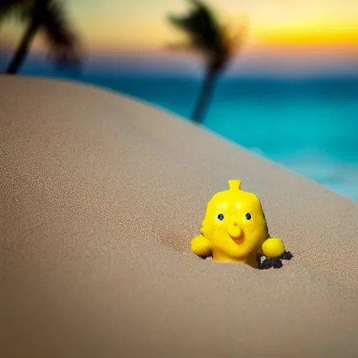 Image similar to 5 0 mm photograph, of a real anthropomorphic lemon character, with lemon skin texture, it is wearing a hat and scuba diving, building a sandcastle on the beach at sunset, beach, huge waves, sun, clouds, tropical trees, rim light, cinematic photography, professional, sand, sandcastle, volumetric lightening