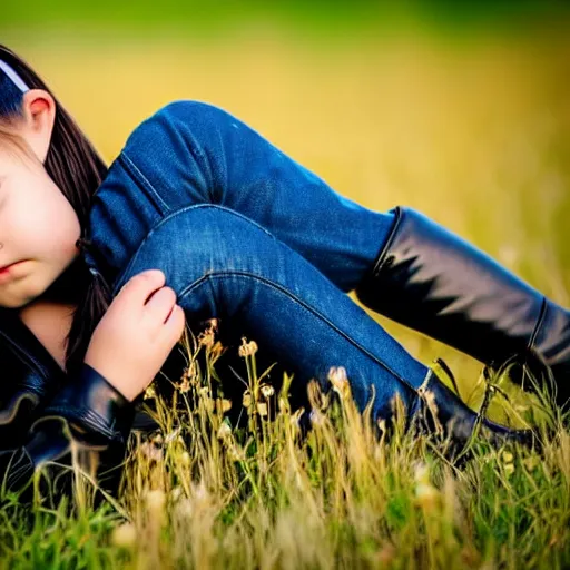 Prompt: young girl lies on a meadow, she has 2 pony tails and wears leather jacket, jeans and knee high black boots, sharp focus, photo taken by nikon, 4 k,