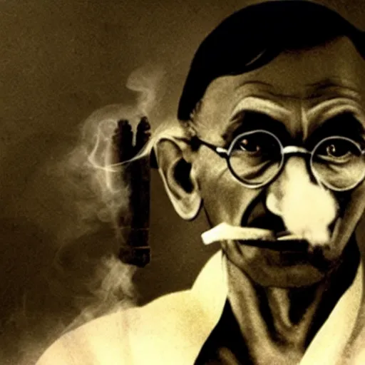 Prompt: Mahatma Gandhi smoking a bong, fat coud, weed, cinematic masterpiece