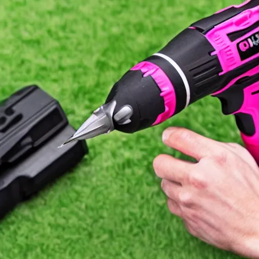 Prompt: a pink drill power tool with black Rubber grip