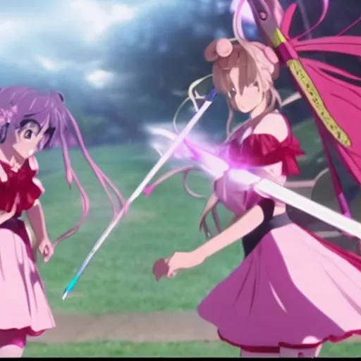 Prompt: a battle of two real-life mahou shoujo girl using a magic attack, still of an epic movie scene