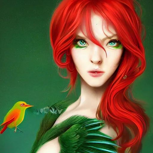 Image similar to a beautiful stunning fantasy whimsical matte digital portrait illustration of a pretty womam with bright green eyes and fiery red hair and a green bird, in the style of Ross Tran, trending on artstation, contest winner