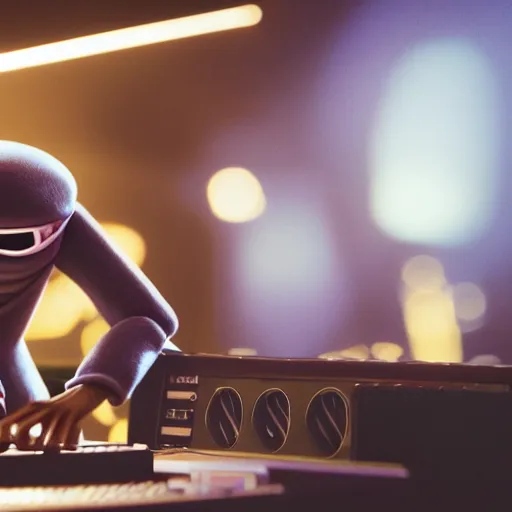 Image similar to cinematic film still of Pharrell Williams Making A Beat with an anthropomorphic alien, Japanese VFX, 2018, 400mm lens, f1.8, shallow depth of field,film photography