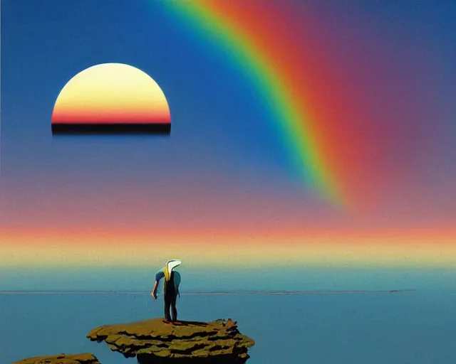 Image similar to roger dean 1 9 8 0 s art of a lone man walking in the dry desert of a strange bizarre alien planet surface lakes reflective clear blue water, rainbow in sky, imagery, illustration art, album art