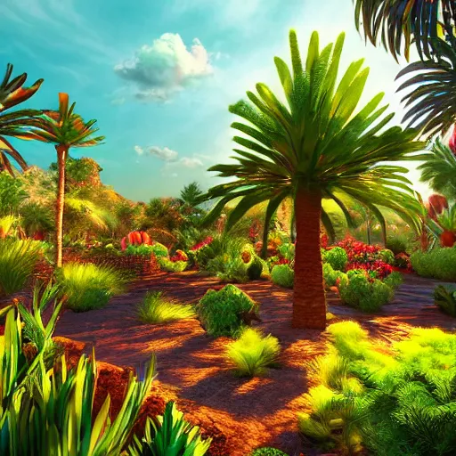 Prompt: a lush desert garden with bright colors, global illumination, dramatic sky and light rays, artstation