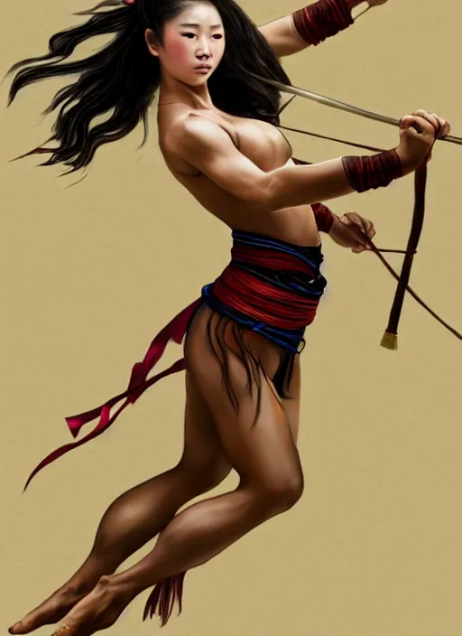 Prompt: full body portrait of a barefoot dancer using silk belts as weapons, barefoot, tanned, vivacious, athletic, hanfu, fully clothed, chinese ribbon dance, silk belt, scorpion whip, battle, wuxia, martial arts, ming dynasty, detailed, anatomically accurate, fantasy illustration, dungeons and dragons, artstation, ghostblade, wlop.