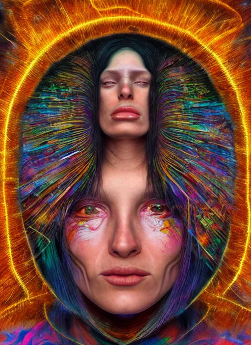 Image similar to portrait ultra dimensional cult woman shaman, accidentally tripping on dmt and acid, psychedelic experience, ascending through the fifth dimension moving at the speed of light and sitting still, portal, ultra high definition, unreal engine 5, hyperrealism, masterpiece composition, by peter kemp, casey weldon, barclay shaw