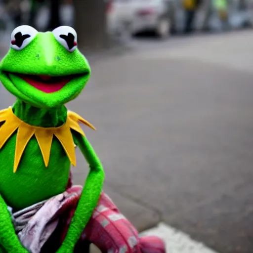 Prompt: stunning awe inspiring kermit the frog homeless begging for money with a sign, movie still 8 k hdr atmospheric lighting