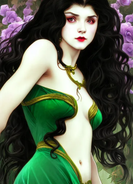 Image similar to young vampire girl, goddess of green velvety malachite and obsidian diamonds and black roses with long curly, golden hair, perfectly proportioned face, brown eyes, sweet smile, strong jawline, natural lighting, path traced, highly detailed, high quality, cartoon, digital painting, by new haicheng and riccardo federici and alphonse mucha