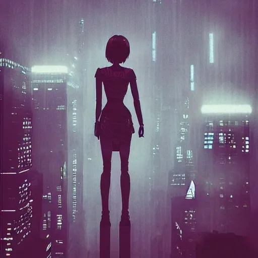 Image similar to “ girl standing on a roof looking down at a foggy futuristic new york city below, ghostpunk, blade runner, cyberpunk, brutalist, very detailed, anime, manga ”