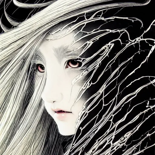 Prompt: Yoshitaka Amano blurred and dreamy illustration of an anime girl with wavy white hair and cracks on her face wearing Elden ring armour with the cape fluttering in the wind, abstract black and white patterns on the background, noisy film grain effect, highly detailed, Renaissance oil painting, weird portrait angle